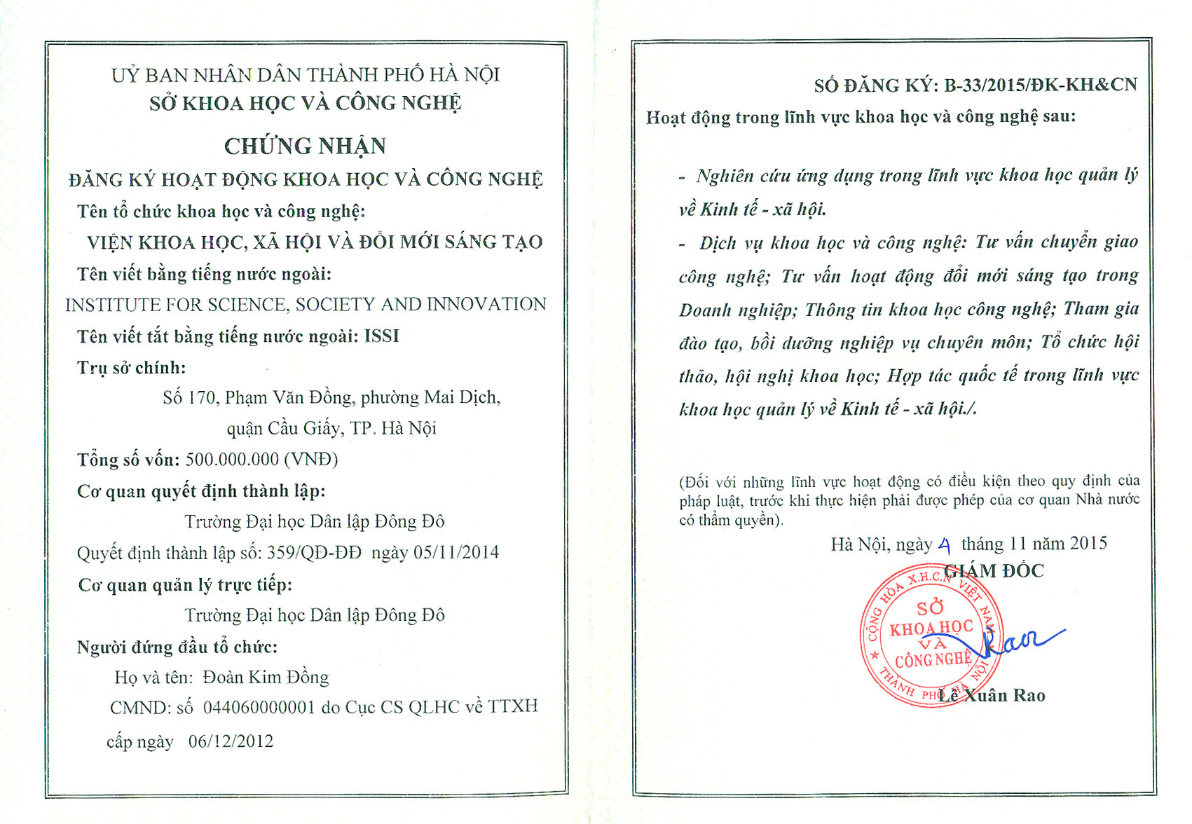 Giấy chứng nhận ĐK hoạt động KH&CN